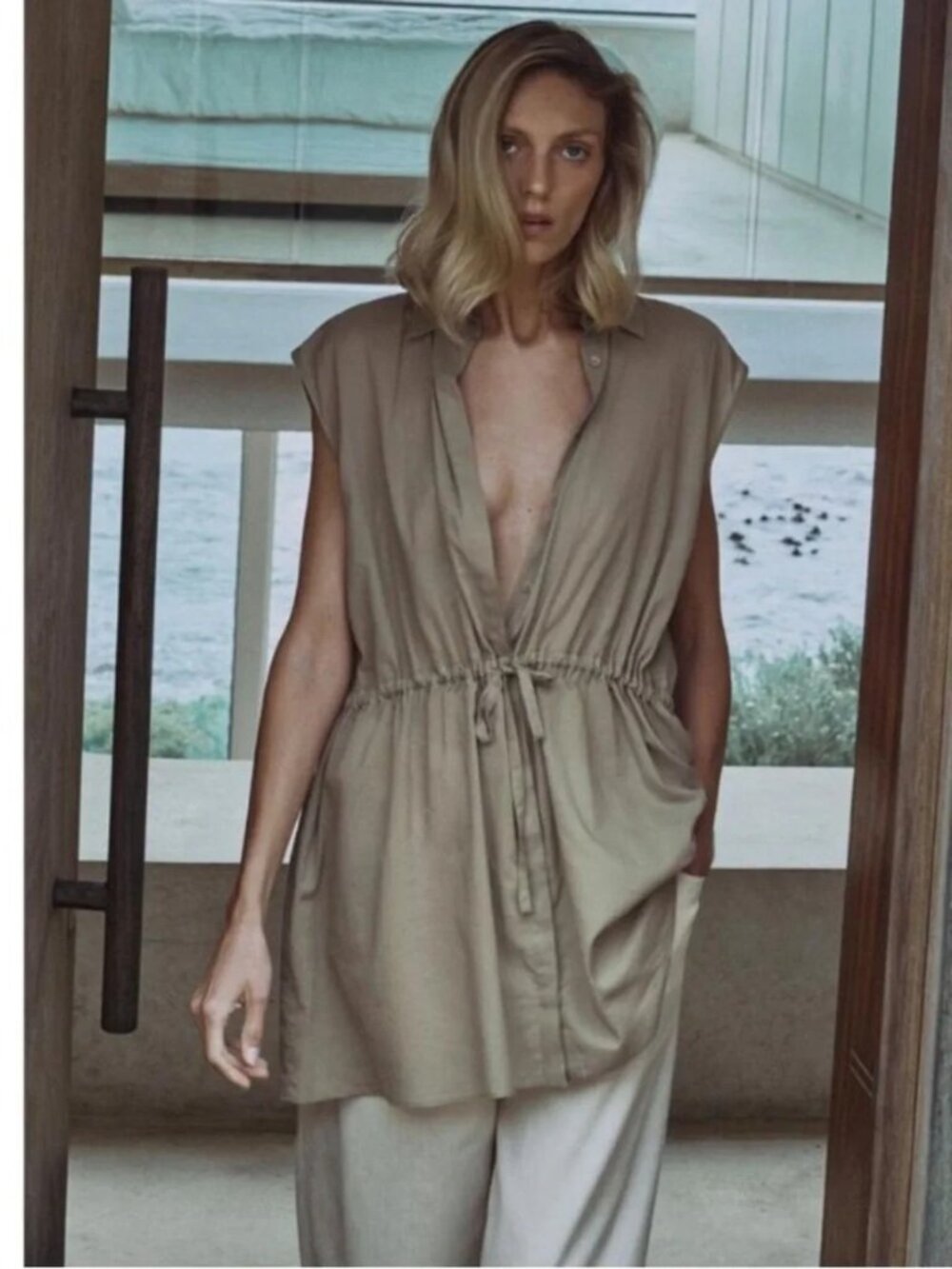 Zara Khaki Brown Collared Button-Down Drawstring Waist Sleeveless Tunic Top XL